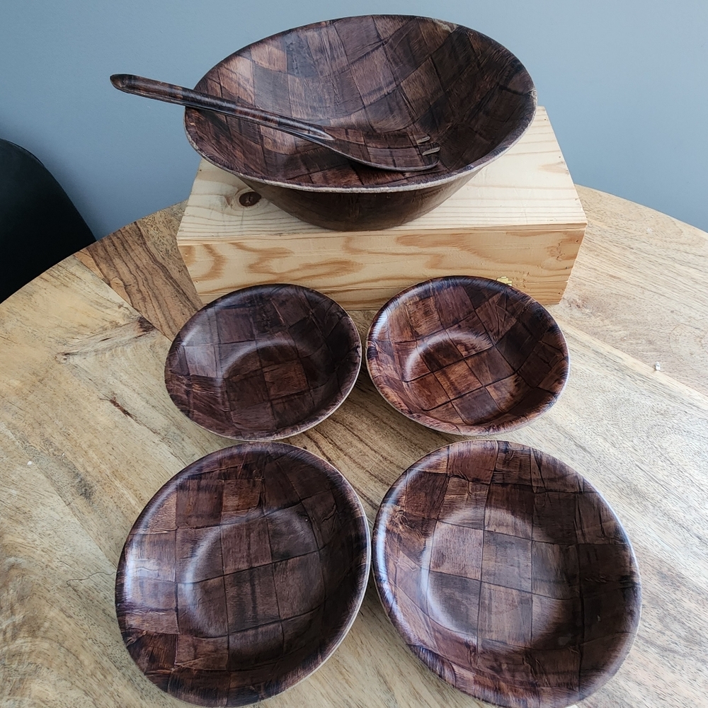 Lot of 6 Vintage Parquet Style Wood Patchwork Bowls and Serving Fork